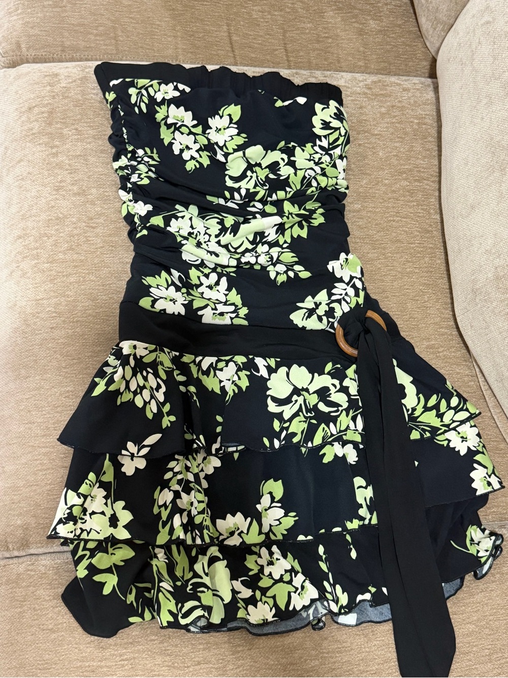 Y2K Speechless Strapless Black Floral Ruffled Dress with Green & White Print - Picture 2 of 6